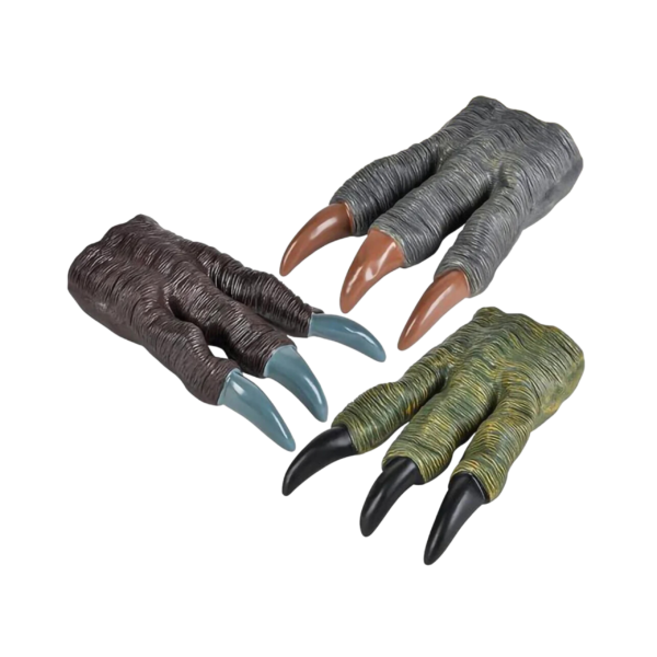 Three Dinosaur Hand Claw Gloves in light grey, green, and brown