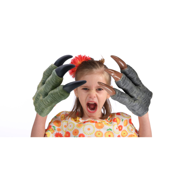 Young girl wearing the Dinosaur Hand Claw Glove and roaring