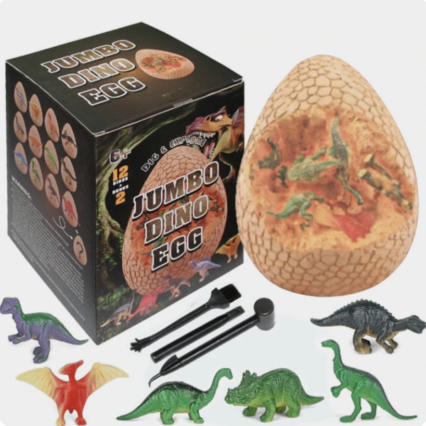 Components of Jumbo Dinosaur Dig Egg including brush, chisel, and hammer